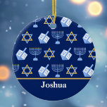 Cute Hanukkah Pattern Blue Monogram Holiday Ceramic Ornament<br><div class="desc">Beautiful Hanukkah ornament in pretty blue with a cool pattern of Judaism star,  dreidel for fun Chanukah games,  and the Jewish menorah for the holiday.</div>