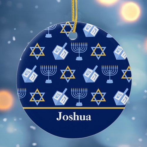 Cute Hanukkah Pattern Blue Monogram Holiday Ceramic Ornament