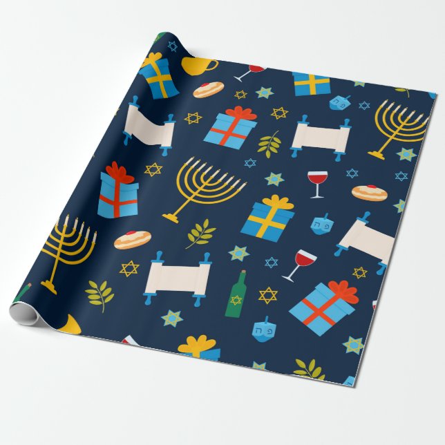 Cute Hanukkah Pattern Wrapping Paper (Unrolled)