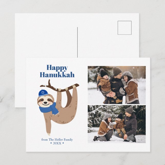 Cute Hanukkah Sloth 2 Photo Collage Holiday Postcard (Front/Back)