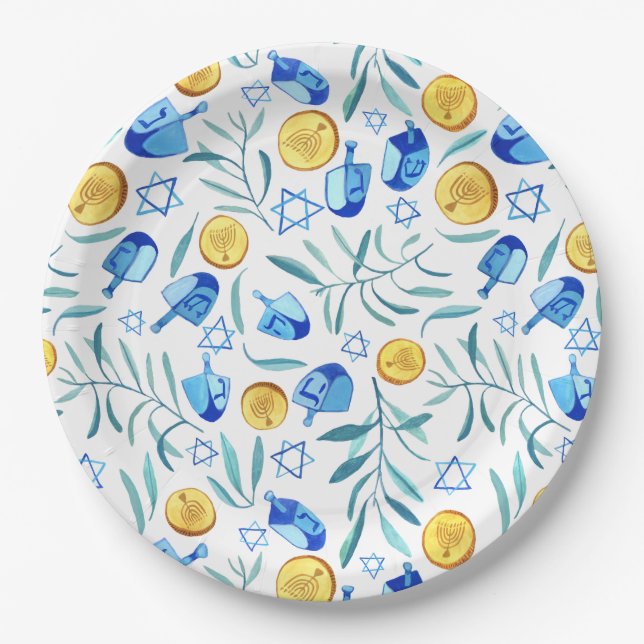 Cute Hanukkah Watercolor Bar Bat Mitzvah Jewish Paper Plates (Front)