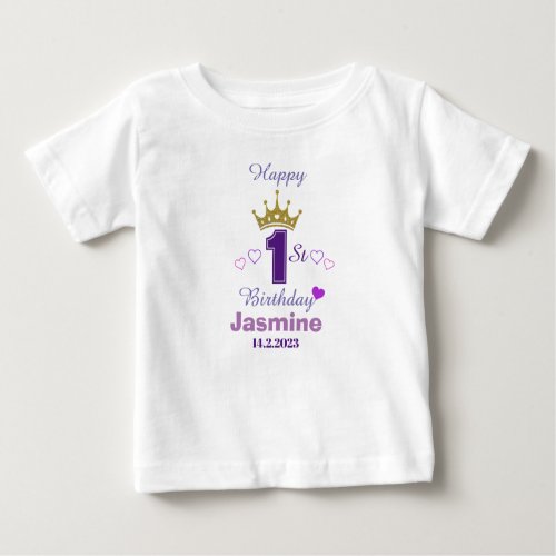 Cute Happy 1st Birthday Gold Crown Hearts Custom  Baby T_Shirt