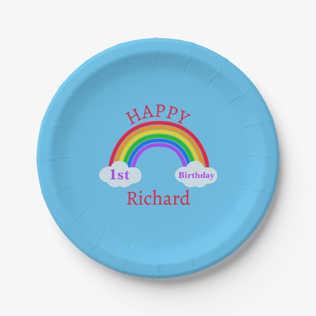Cute Happy 1st Birthday Rainbow Blue Party Paper Plates (Front)