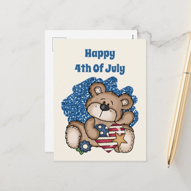 cute Happy 4th July bear add text  Holiday Postcard (Front/Back In Situ)