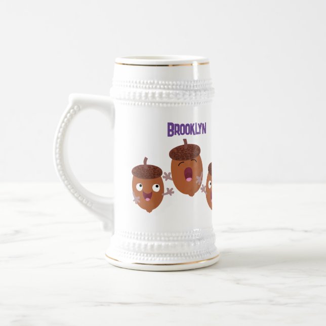 Cute happy acorns singing cartoon for kids beer stein (Left)