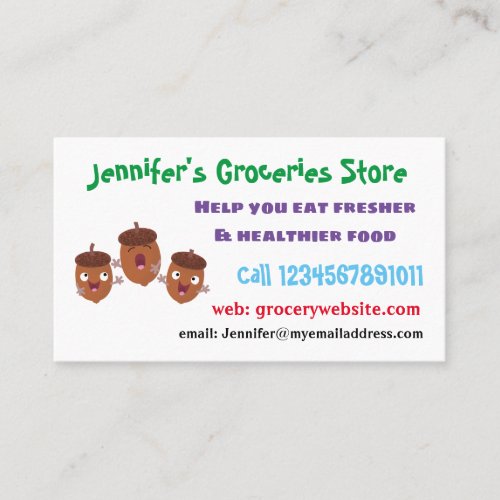 Cute happy acorns singing cartoon for kids business card