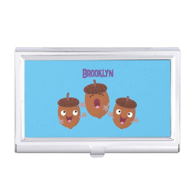 Cute happy acorns singing cartoon for kids business card case (Front)