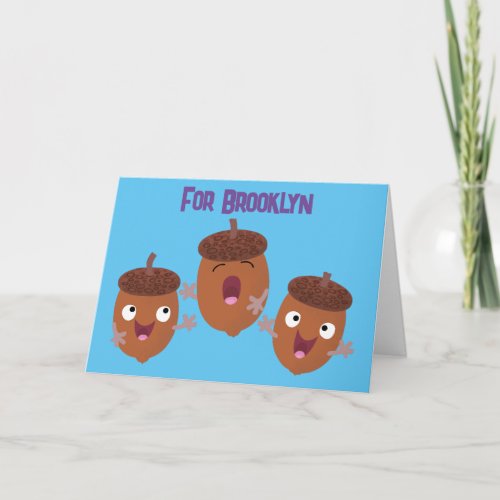 Cute happy acorns singing cartoon for kids card