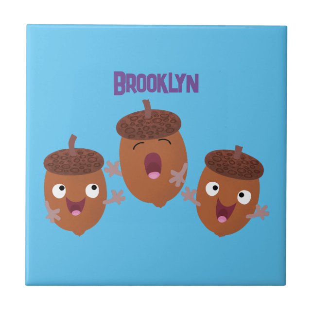 Cute happy acorns singing cartoon for kids ceramic tile (Front)