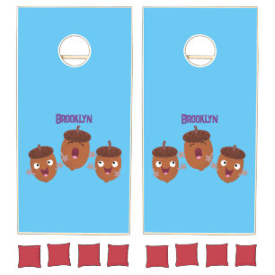Cute happy acorns singing cartoon for kids cornhole set