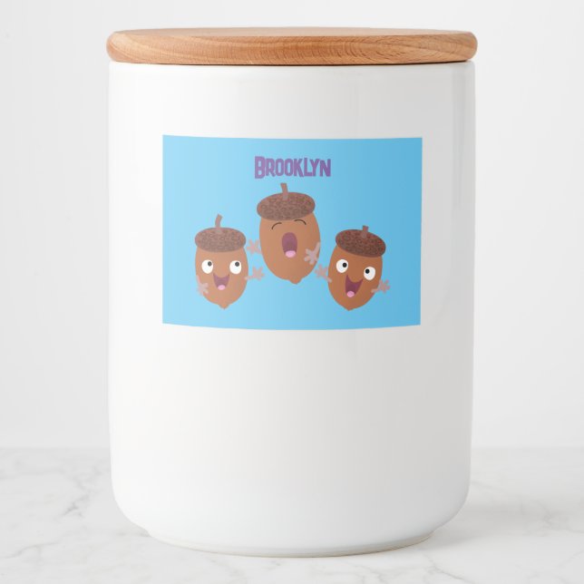 Cute happy acorns singing cartoon for kids food label (Front)