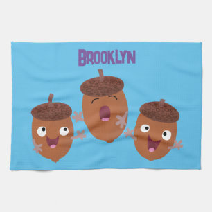 Cute happy acorns singing cartoon for kids kitchen towel