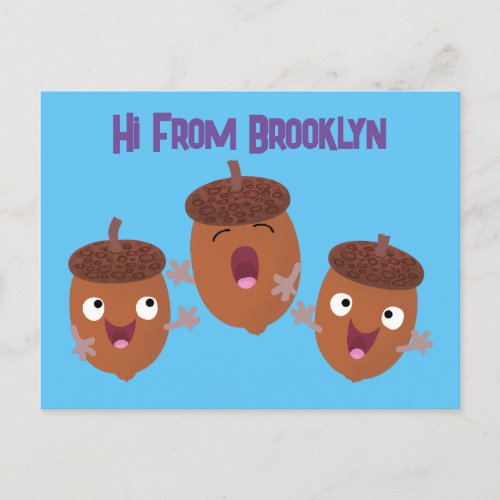 Cute happy acorns singing cartoon for kids postcard