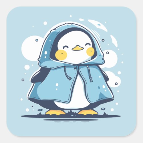 Cute Happy Adorable Kawaii Penguin in a Raincoat Square Sticker