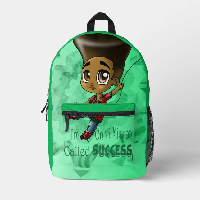 Cute Happy African American Boy Green Printed Backpack (Front)