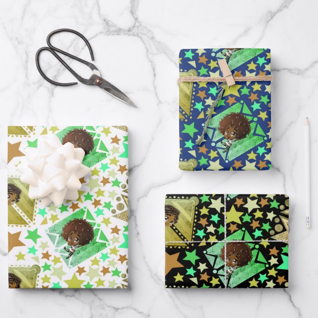 Cute Happy African American Boys Stars Wrapping Paper Sheets (Front)