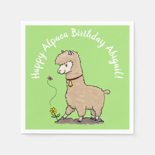 Cute happy alpaca with butterfly birthday cartoon napkins (Front)