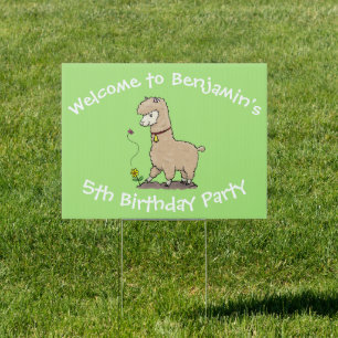 Cute happy alpaca with butterfly birthday cartoon sign