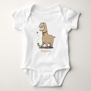 Cute happy alpaca with butterfly cartoon baby bodysuit