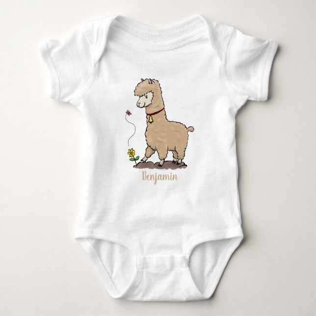 Cute happy alpaca with butterfly cartoon baby bodysuit (Front)