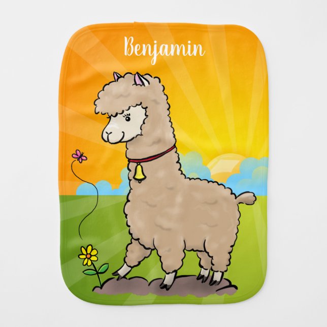 Cute happy alpaca with butterfly cartoon baby burp cloth (Front)
