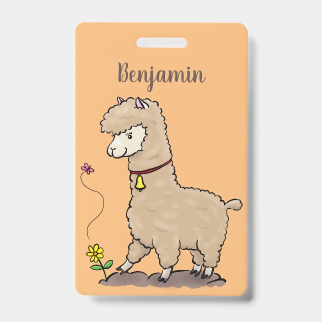 Cute happy alpaca with butterfly cartoon badge (Front)