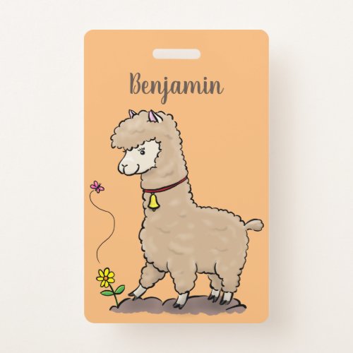 Cute happy alpaca with butterfly cartoon badge