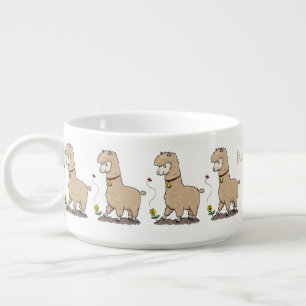 Cute happy alpaca with butterfly cartoon bowl
