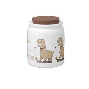 Cute happy alpaca with butterfly cartoon candy jar
