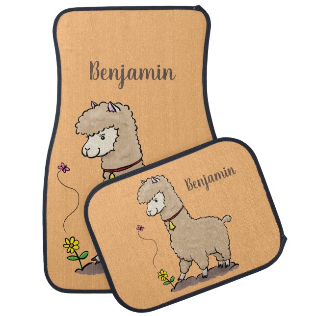 Cute happy alpaca with butterfly cartoon  car floor mat (Set)