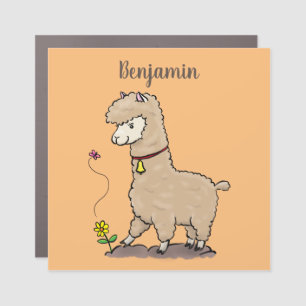 Cute happy alpaca with butterfly cartoon car magnet