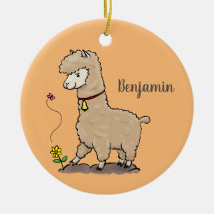 Cute happy alpaca with butterfly cartoon ceramic ornament