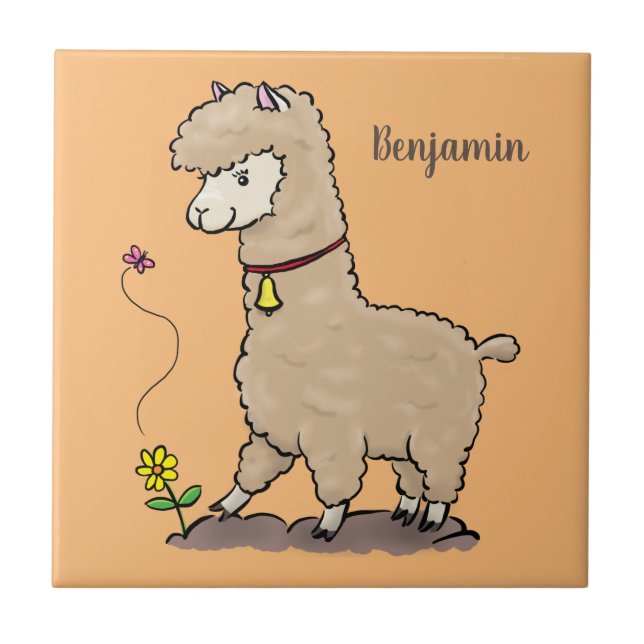 Cute happy alpaca with butterfly cartoon ceramic tile (Front)
