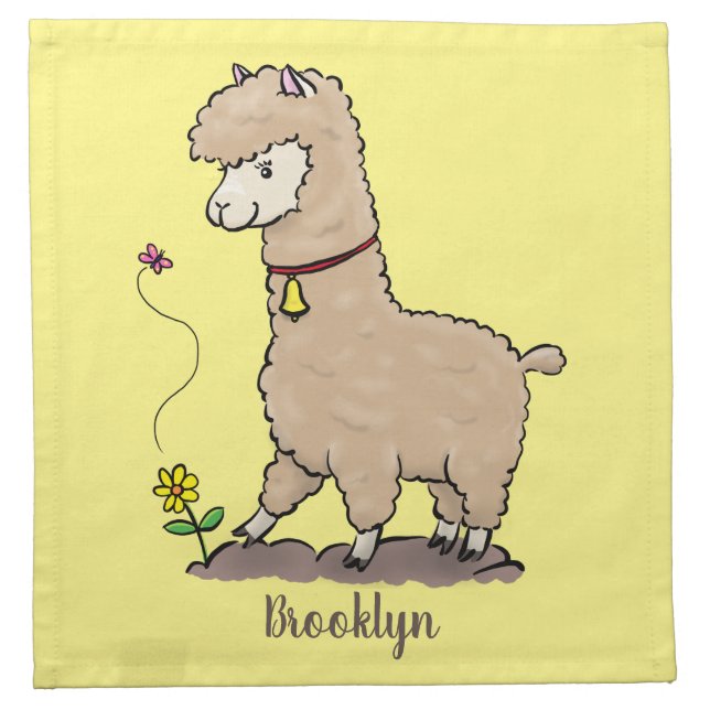 Cute happy alpaca with butterfly cartoon cloth napkin (Front)