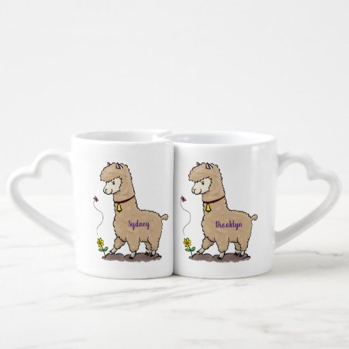 Cute happy alpaca with butterfly cartoon coffee mug set