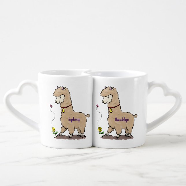 Cute happy alpaca with butterfly cartoon coffee mug set (Back Nesting)