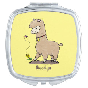 Cute happy alpaca with butterfly cartoon compact mirror