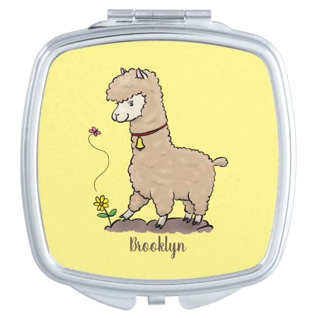 Cute happy alpaca with butterfly cartoon compact mirror (Front)