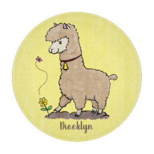 Cute happy alpaca with butterfly cartoon cutting board
