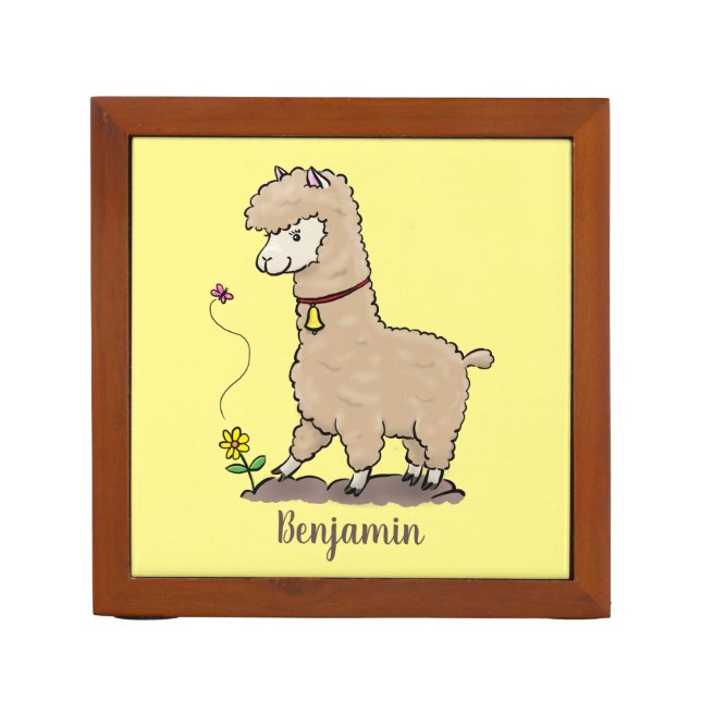 Cute happy alpaca with butterfly cartoon desk organizer (Front)