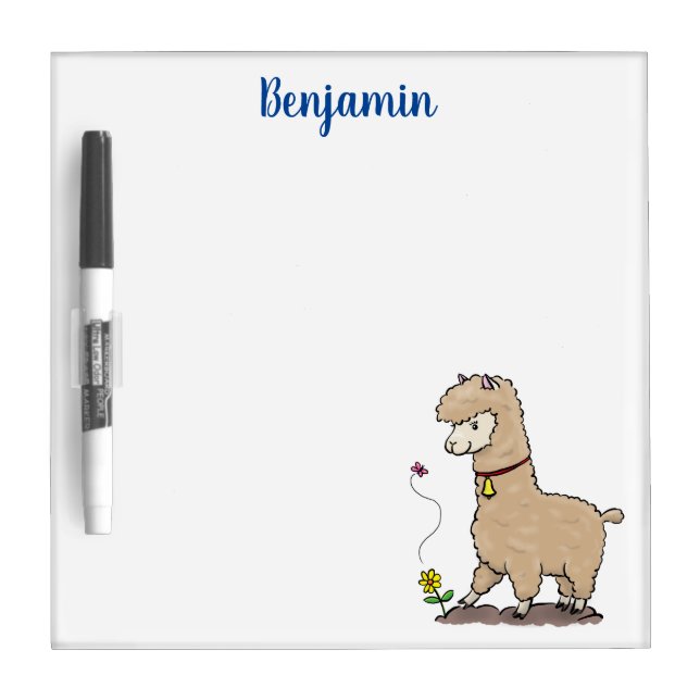 Cute happy alpaca with butterfly cartoon dry erase board (Front)