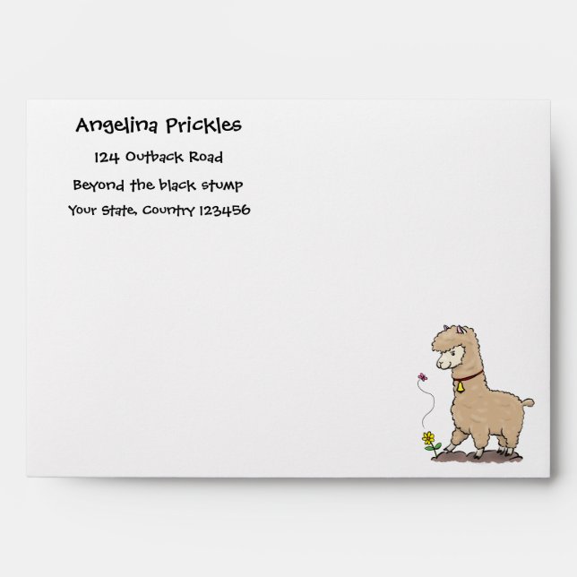 Cute happy alpaca with butterfly cartoon envelope (Front)