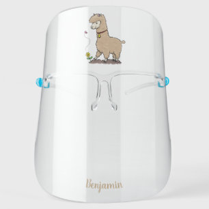Cute happy alpaca with butterfly cartoon face shield