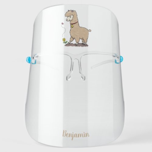 Cute happy alpaca with butterfly cartoon  face shield