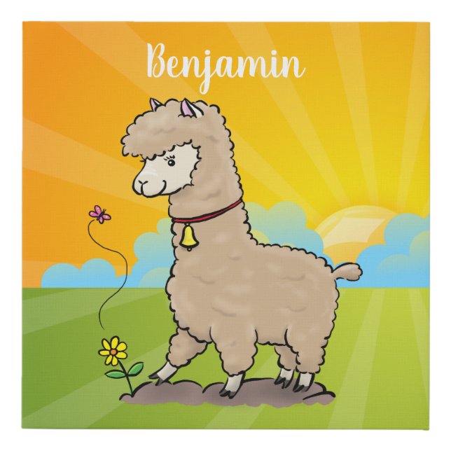 Cute happy alpaca with butterfly cartoon faux canvas print (Front)