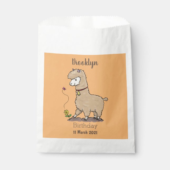 Cute happy alpaca with butterfly cartoon favor bag (Front)