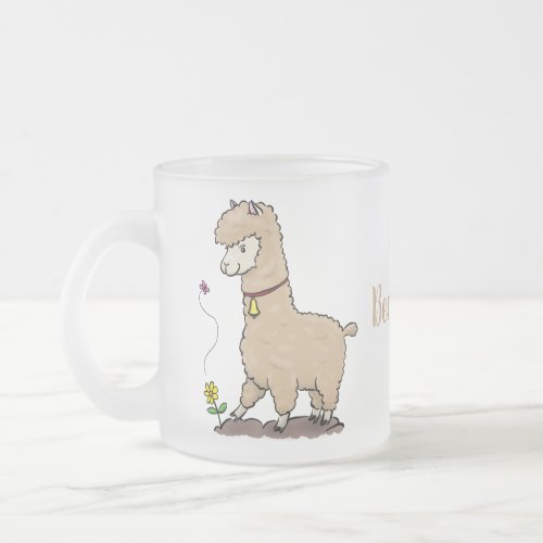 Cute happy alpaca with butterfly cartoon frosted glass coffee mug