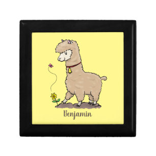 Cute happy alpaca with butterfly cartoon gift box