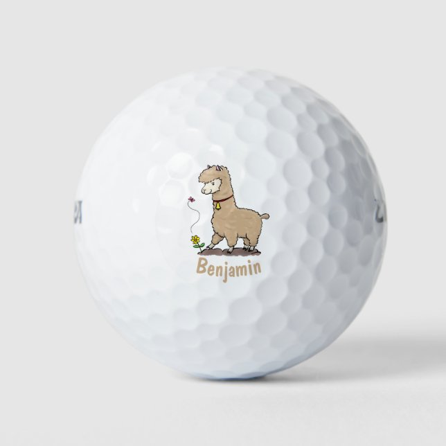 Cute happy alpaca with butterfly cartoon golf balls (Front)