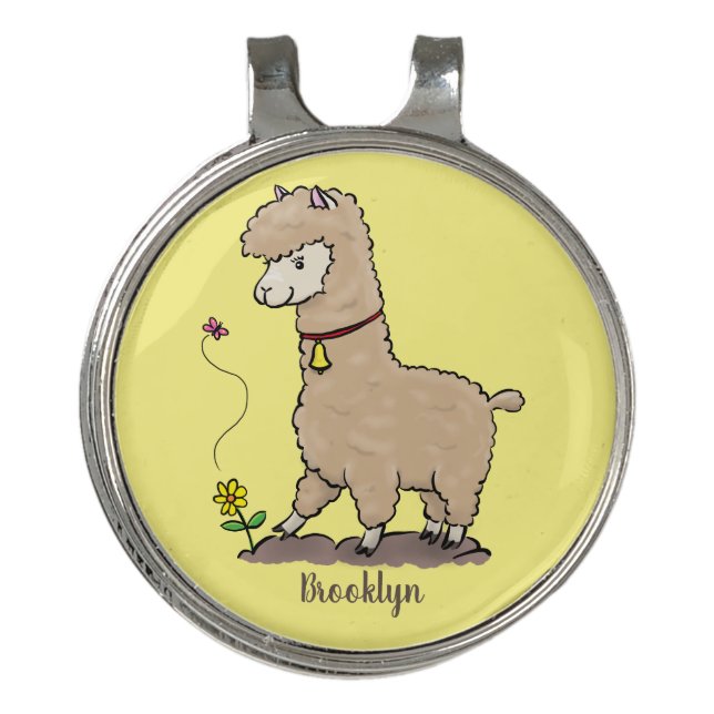 Cute happy alpaca with butterfly cartoon golf hat clip (Front)